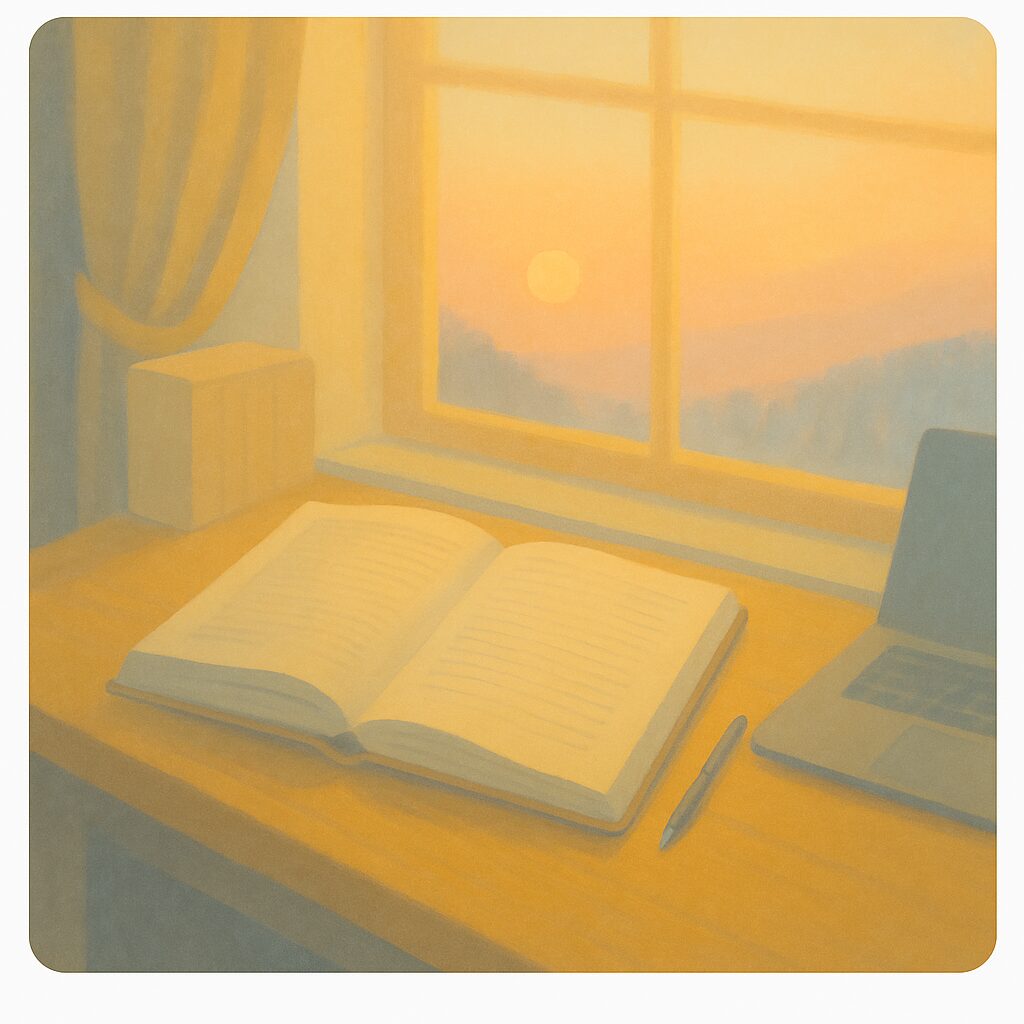 夕方の窓辺にある本・ノート・ペン・ノートPCが並ぶ静かな作業空間